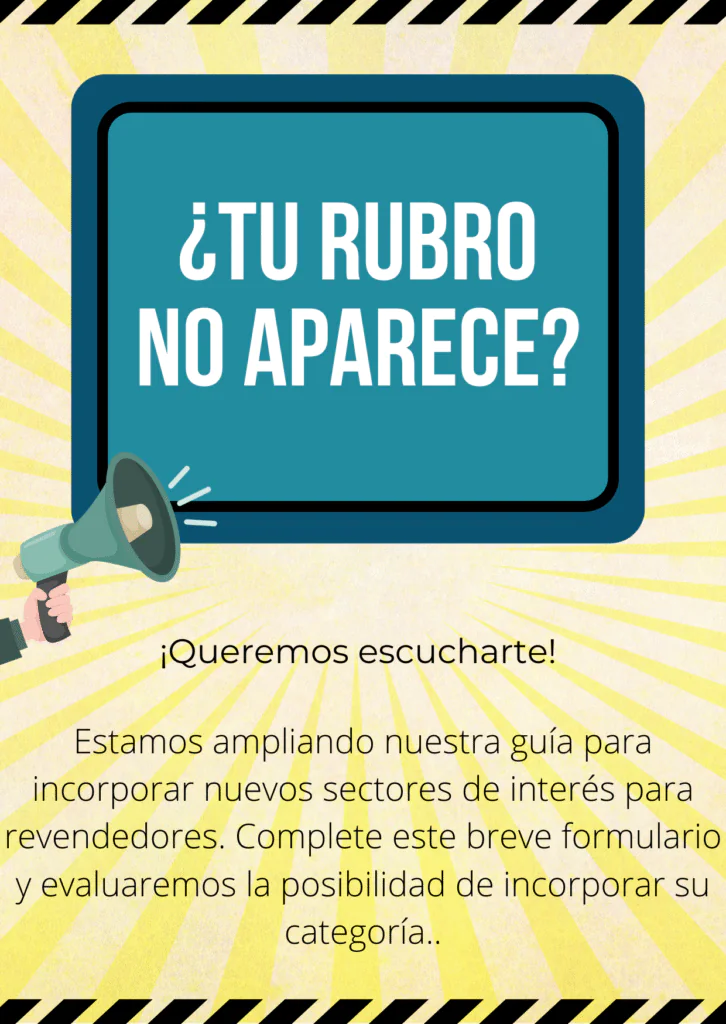 Banner informativo “¿Tu rubro no aparece?” con megáfono; invitación a proponer nuevas categorías en La Guía de Mayoristas.